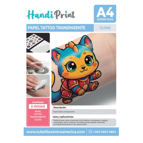 HOJAS A4 DE PAPEL ADHESIVO TRANSPARENTE PARA TATTO (PAQUETE DE 5 UNIDADES)
